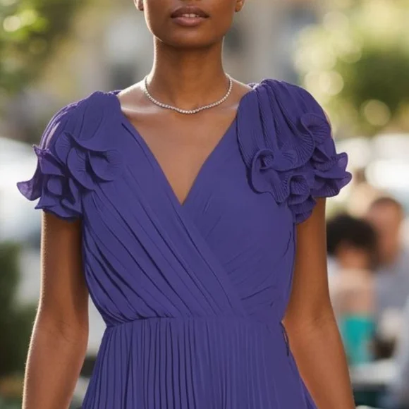 Pearl  Georgina Chapman Royal V-Neck Pleadd Purple Midi Dress Size 6 - Picture 9 of 16